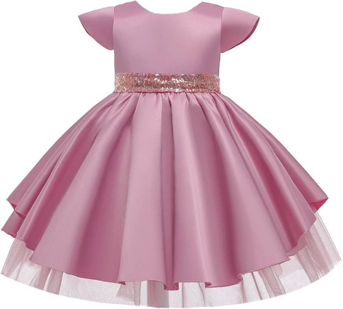 Girls Below Knee Festive/Wedding Dress  (Pink, Cap Sleeve)