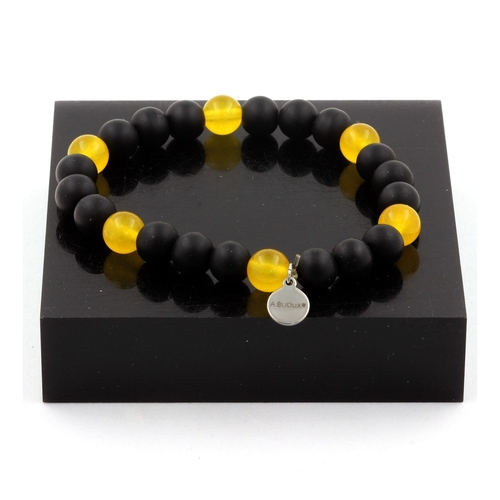 Yellow Agate + Matte Black Onyx Bracelet 8 mm Beads.