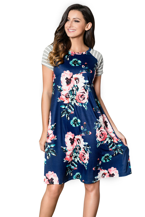 Blue Backdrop Floral Print A-line Loose T-shirt Dress