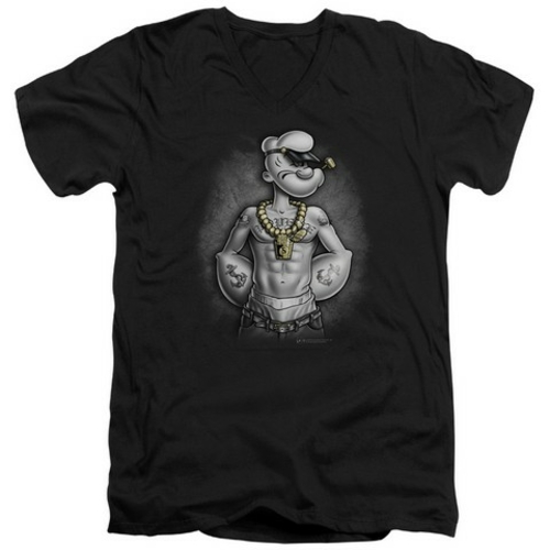 Trevco Popeye-Hardcore Short Sleeve Adult 30-1 V-Neck Tee, Black -