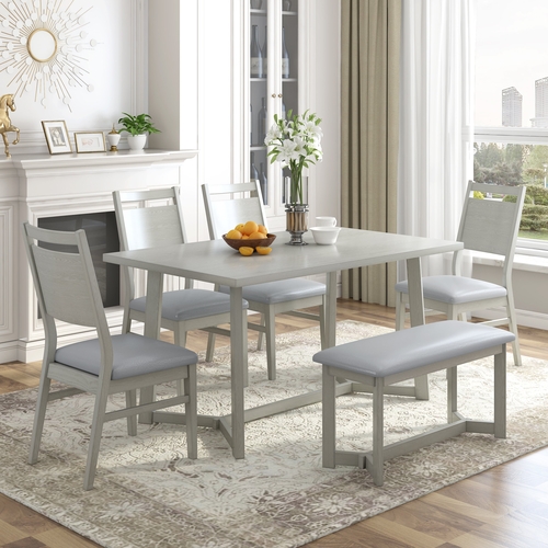 Farmhouse 6-Piece Wood Dining Table Set with 4 Upholstered Chairs and