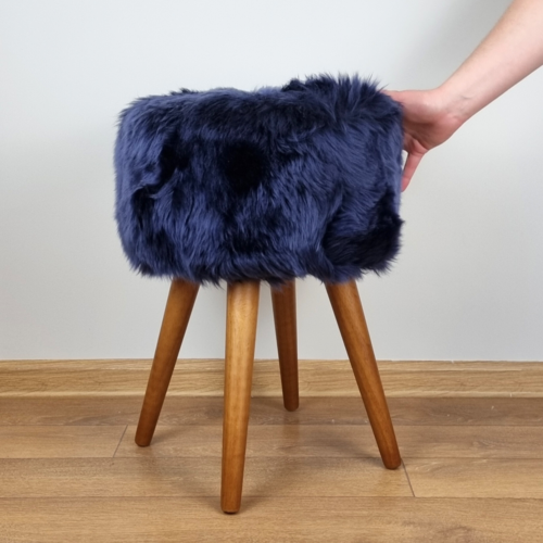 Dark blue genuine sheepskin stool with oak legs