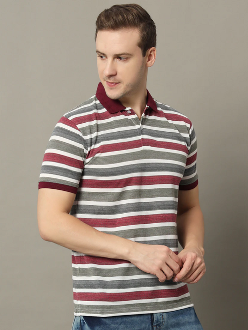 Men Striped Polo T-Shirt (Size-S) (Color-Grey&Maroon)