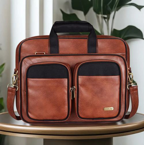 LOREM Tan & Black Color Faux Leather 28L Messenger Bag For Men BG93