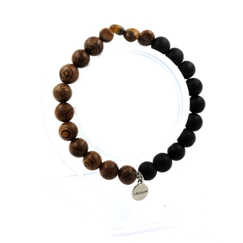 Tiger's Eye + Wood + Matte black Onyx Bracelet 8 mm Beads.