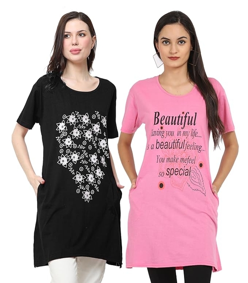 Women Cotton Printed Long T-Shirt Combo PACK OF 2