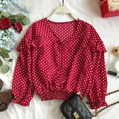 Vintage Ladies Shirts Korean Slim Polka Dot Print