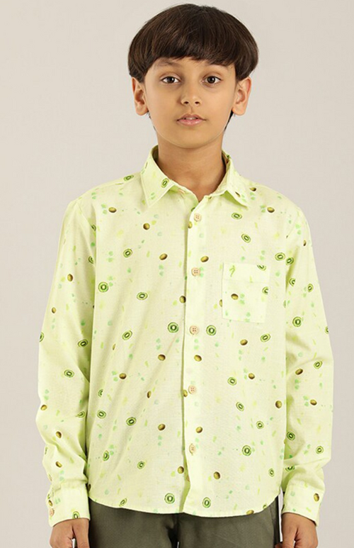 Boys Conversational Printed Cotton Casual Shirt (Color Lime Green)