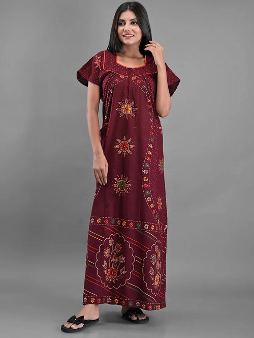 women round neck floral printed nighty