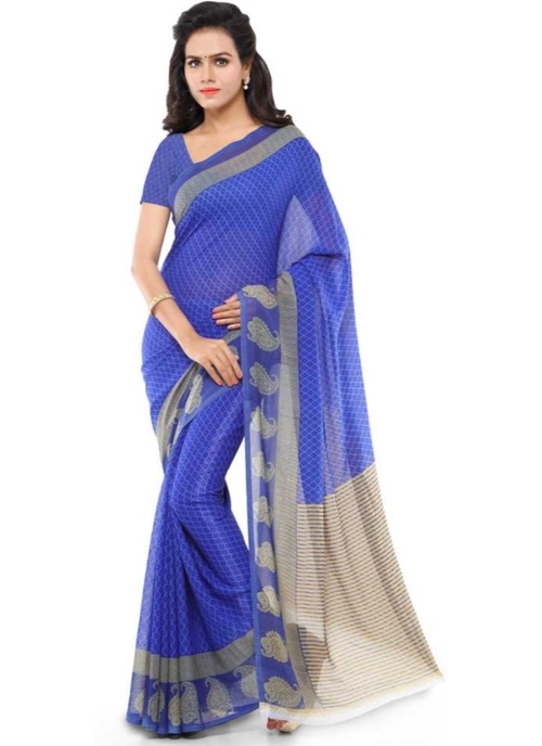 Printed Faux Georgette Blue Color Saree