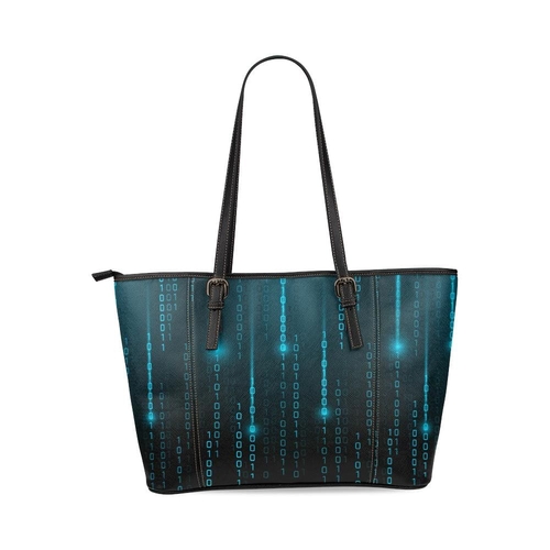 Large Leather Tote Shoulder Bag - Black and Blue Matrix Print