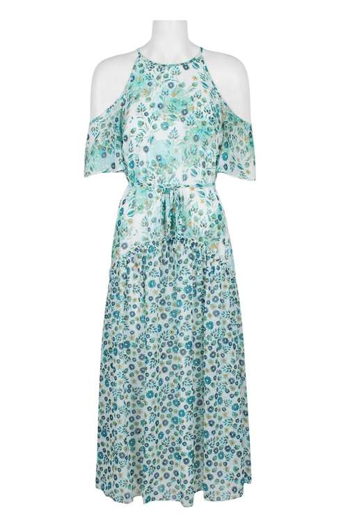 Donna Morgan Crew Neck Cold Shoulder Tie Waist Zipper Keyhole Back