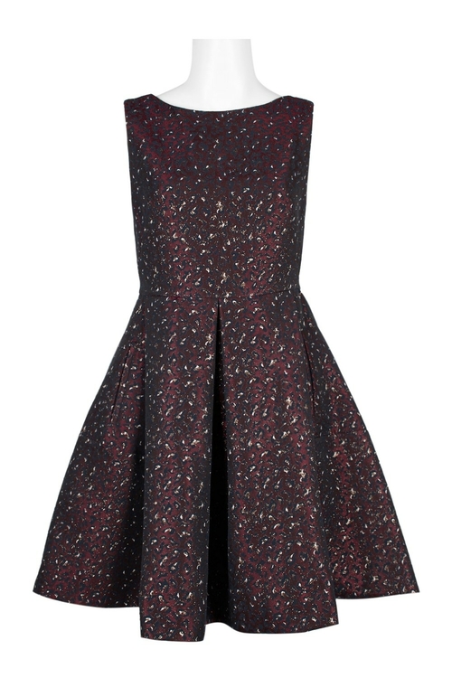 Taylor Boat Neck Sleeveless Box Pleat A-Line Zipper Back Jacquard