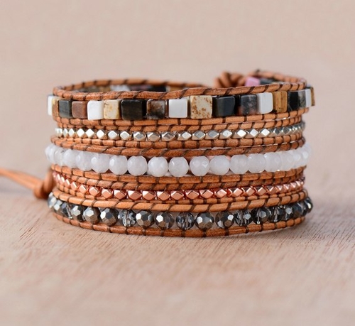 Beaded Leather Bracelets Natural Stones 5X Strands