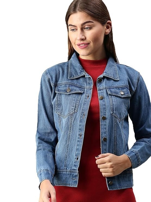 Women's Denim Jacket Cotton Blend Mild Wash Short Length (Size-S)