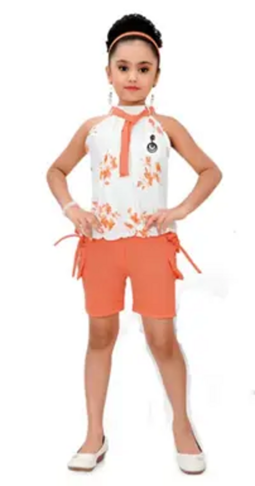 White and Orange Cute Girl Stylish Fancy Top And Bottom Set Size 4-5