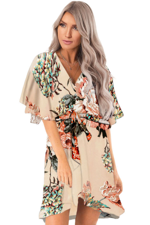 Apricot Floral Print V Neck Wrap Dress with Ruffle Sleeves