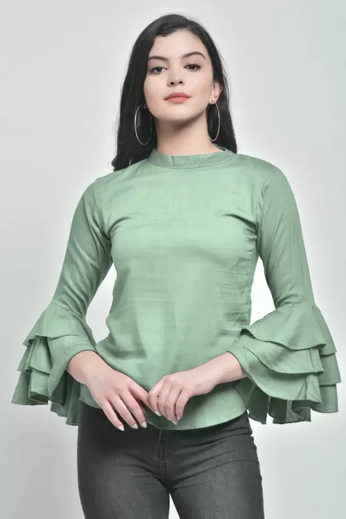 Casual Bell Sleeves Solid Women (Size-S) SEA GREEN )