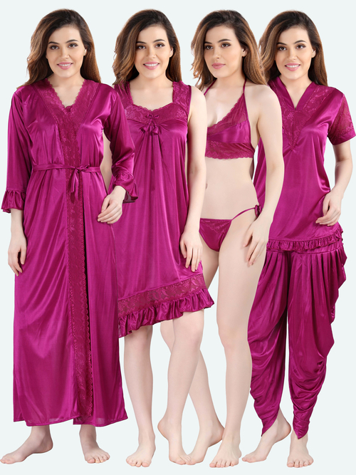 Romaisa Women's Satin Solid Magenta Nightwear Set ( Pack of 6 )