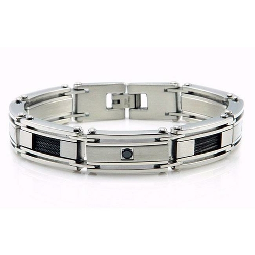 Mens Stainless Steel Bracelet with Black CZ Set 8.75 in.