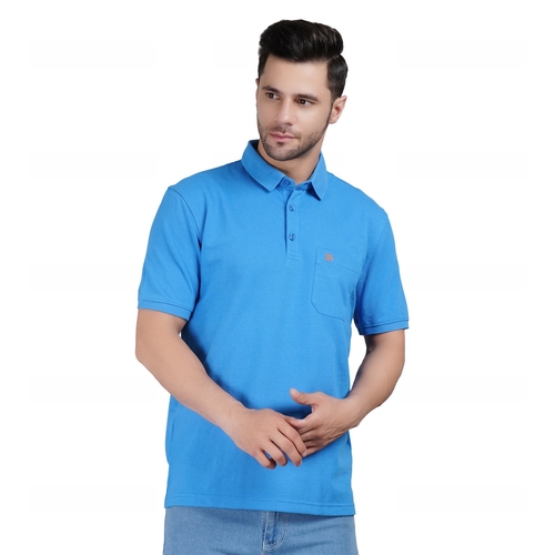 Men Solid Polo Neck Cotton Blue T-Shirt (Size M)