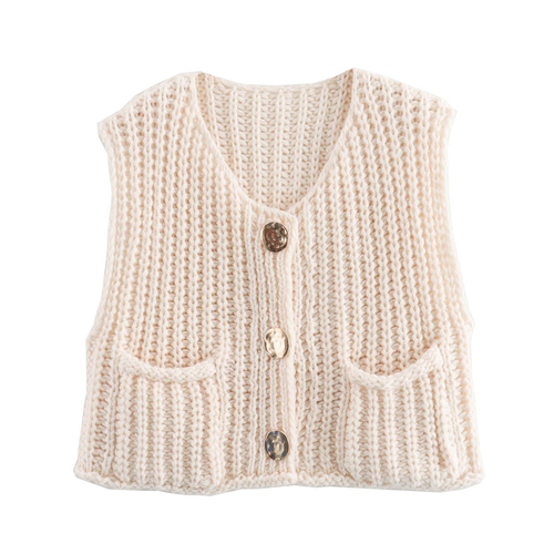 Women's pocket sleeveless short knitted cardigan vest