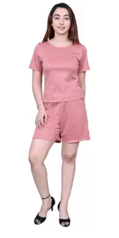 Women Regular Top Shorts Co-ords Set (Color Peach) (Size L)