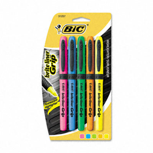 Bic GBLP51ASST Brite Liner Grip Highlighter  Chisel Tip  Five Fluoresc
