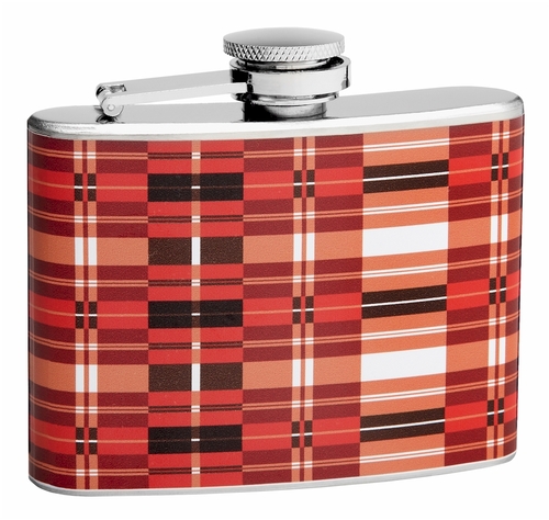 4oz Red Plaid Hip Flask, Gift Box, Funnel and Shot Glasses Included