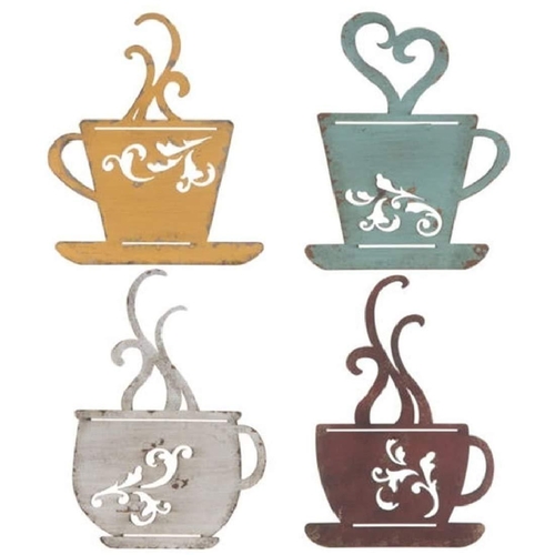 Coffee Cup Wall Decor   Metal Cafe Themed Decorations   Set of 4 Red