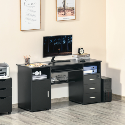 HOMCOM Computer Desk with 2 Shelves Keyboard Tray Cabinet Drawers,