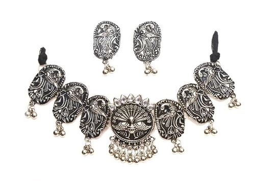 Antique Oxidised Silver Lookalike White Peacock Choker with White