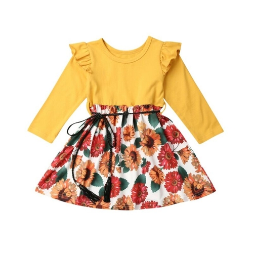 Lovely Kids Baby Girl Sunflowers Dress Ruffles