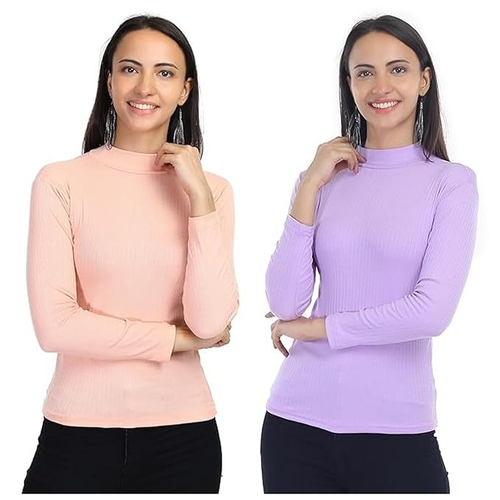 MULTICOLOR Round Neck Full Length Fullsleeve Ribbed Tops for Women