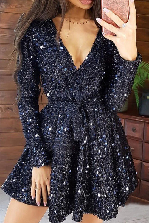 Black Sequin Deep V Long Sleeve Evening Dress with Waist Tie