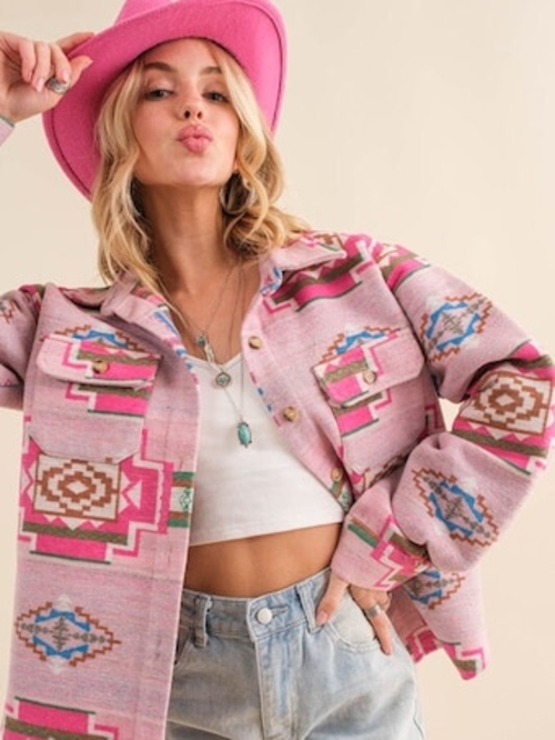 Main Pink Jacquard Aztec Relaxed Fit Button Down Shacket Shacket  image