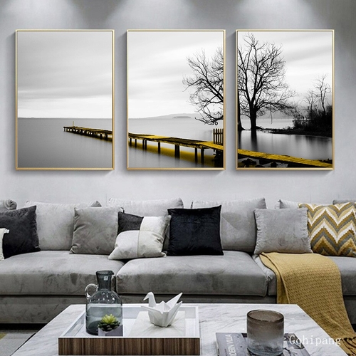 Calm Lake Bridge Tree Scene Wall Art Canvas