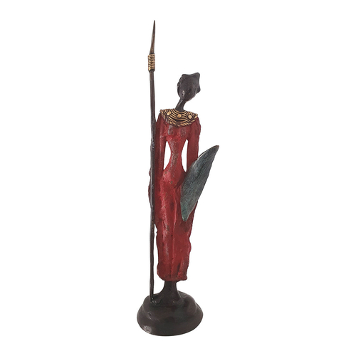 West African Vintage Lost Wax Bronze Statue of a Female Warrior in Red