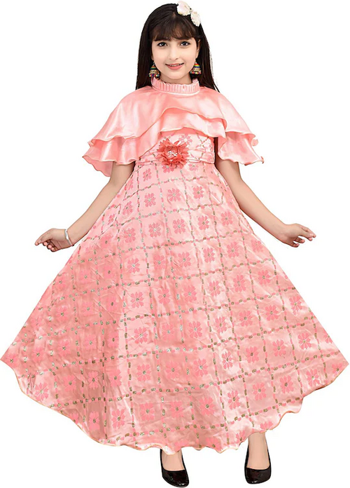 Girls Pink Floral Print Silk Blend Gown Dress (Size-12-13YEARS)