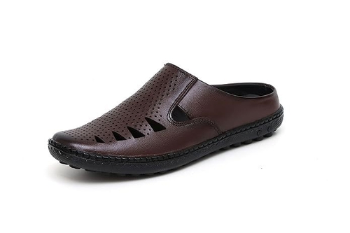 Men's Genuine Leather Back Open Half Sandals (Size-UK-9 (Color-BROWN)