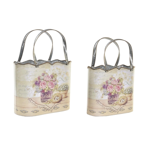Set of pots DKD Home Decor 29 x 13 x 38,5 cm Pink Metal Flowers Shabby
