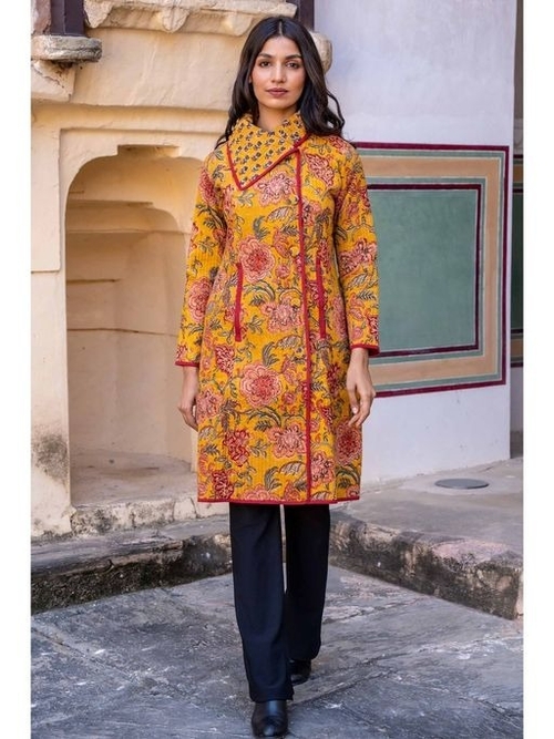 Golden Mustard Block Printed Quilted Bukhara Coat