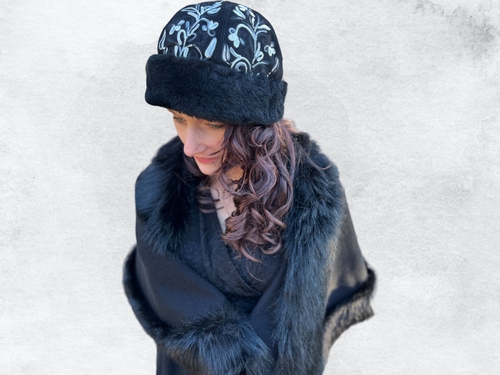 Handmade Black and White Suede Embroidered Hat