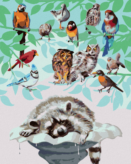 Zuty - Paint by Numbers - BIRDS AND RACCOON (D. RUSTY RUST), 40x50 cm