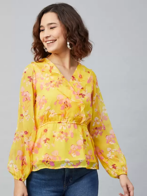 Casual Regular Sleeves Printed Women Yellow Top (Size L)