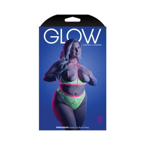 Fantasy Lingerie Glow Persuasive Open Cup Cage Bra & Panty Neon Green