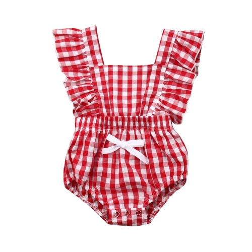 Newborn Infant Baby Girls Ruffle Plaids  Bodysuit