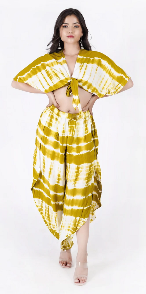 Women's Tie Dye Summer Two Piece Set Dress (Color Mustard & White)