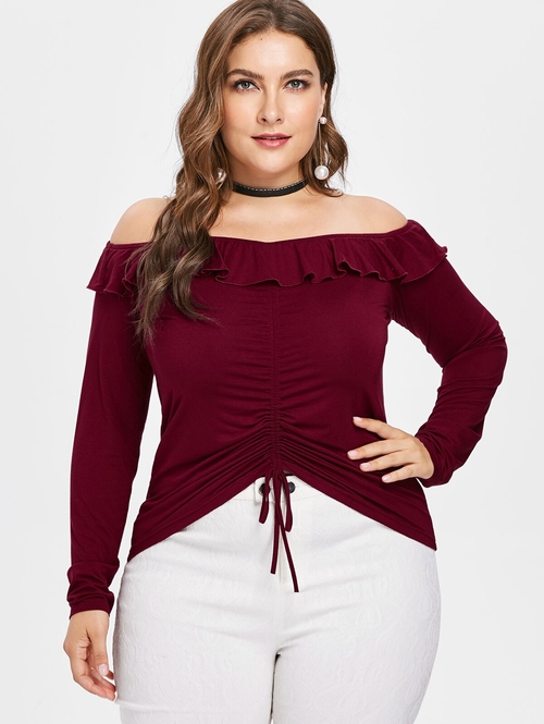  Plus Size 5XL Frill Drawstring Ruched Off