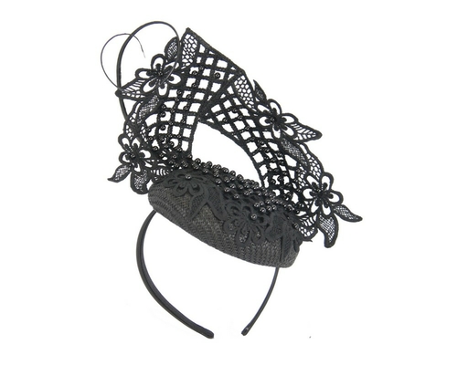 Black racing fascinator with beaded lace